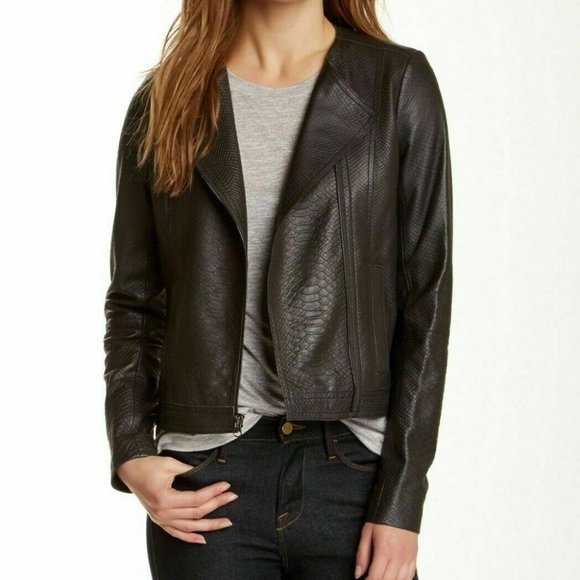 Vince Jackets & Coats Vince Leather Moto Jacket Snakeskin Embossed Graphite Dark Grey Sz Xs